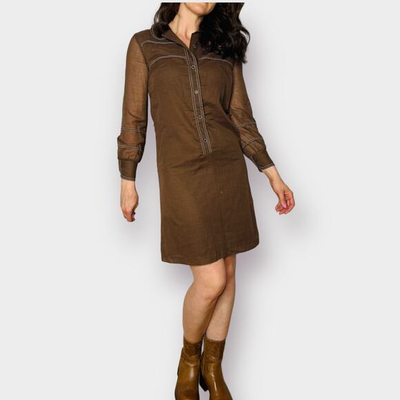 Vintage Dresses & Skirts - VINTAGE Brown Long Sleeve button down shirt dress Mini Coastal Cowboy Retro SZ S